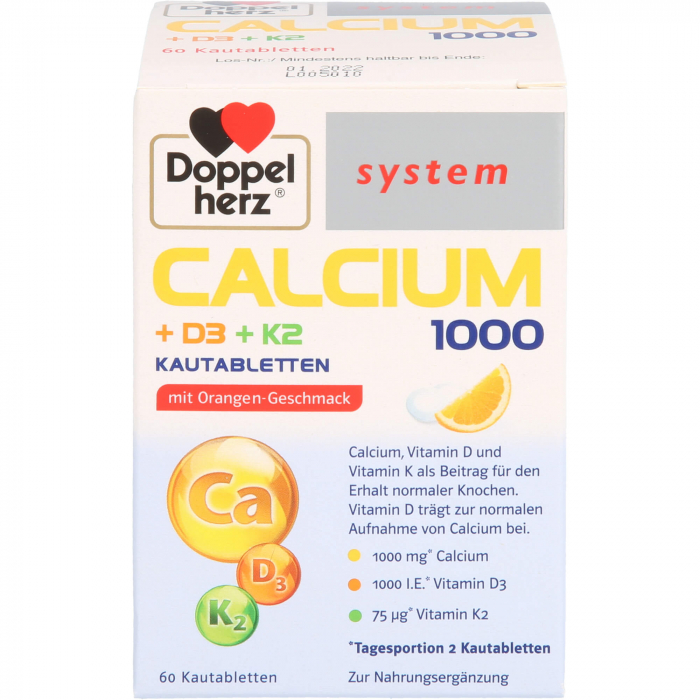 DOPPELHERZ Calcium 1000+D3+K2 system Kautabletten 60 St